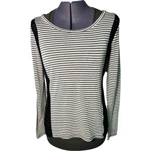 Potter’s Pot women’s long sleeved shirt grey and white stripes black lace size s